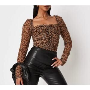 NWT Missguided Leopard Print Mesh Ruched Front Milkmaid Top US 4 Square Neck